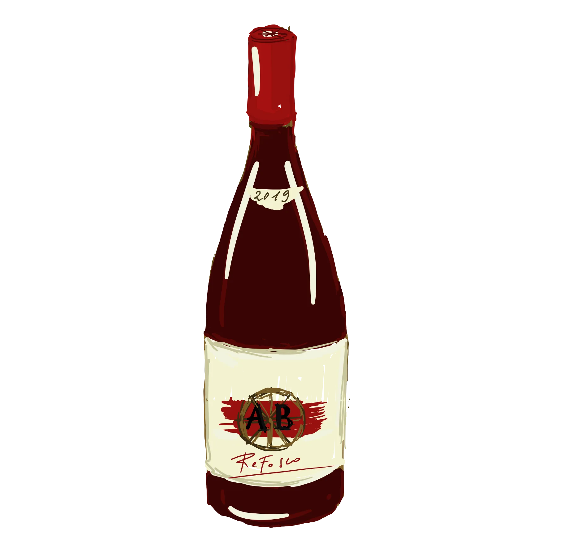Disegno della bottiglia di Refosco 2019, con la capsula rossa