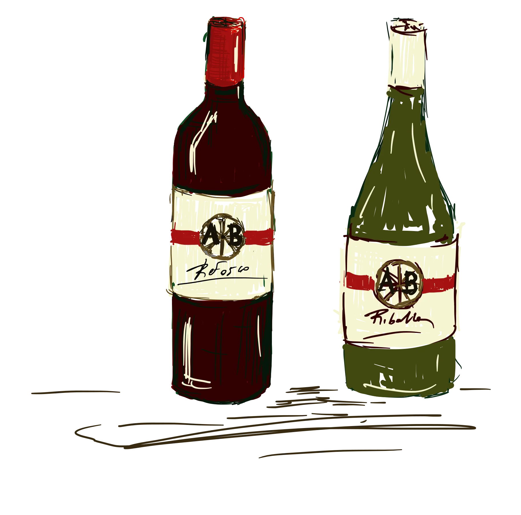 Schizzo di due bottiglie, Refosco e Ribolla, con le etichette AB